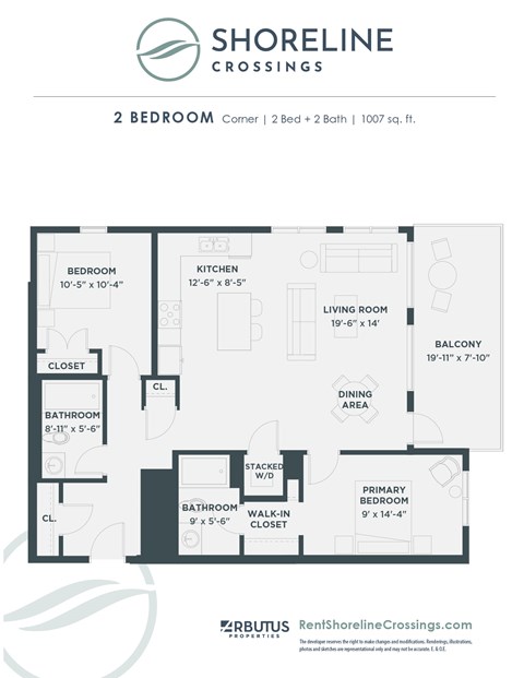 Floor plan for 2 beds, 2 baths, 1007 sqft